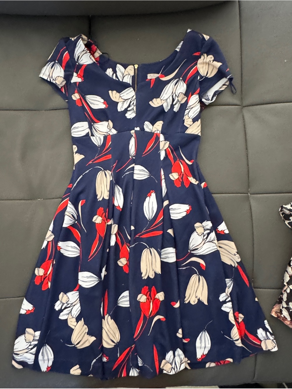 Navy Floral Fit & Flare Dress with Red and Cream Accents